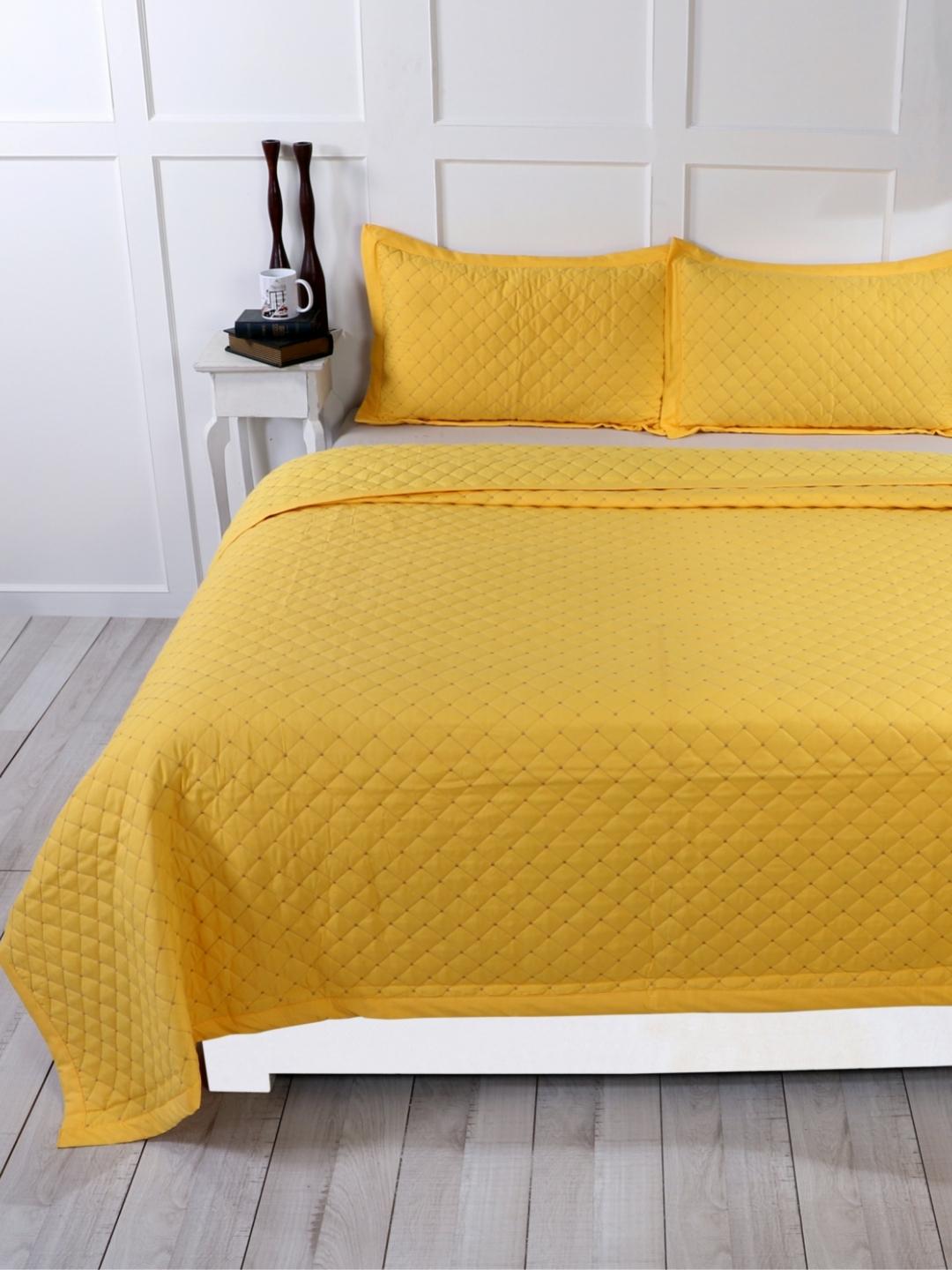 Double Bed Embroidered and Quilted Bedcover Set-Mustard Yellow