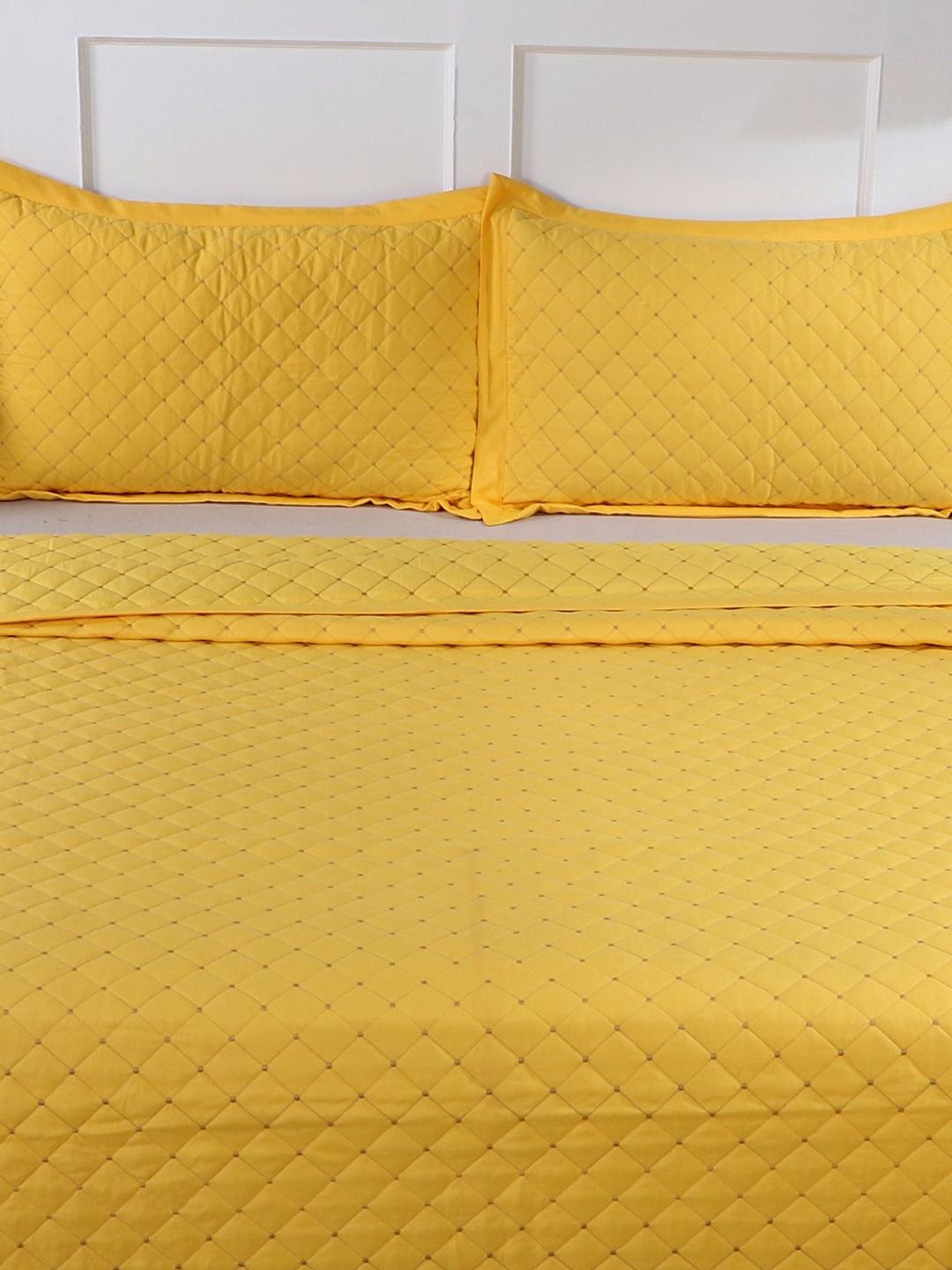 Double Bed Embroidered and Quilted Bedcover Set-Mustard Yellow