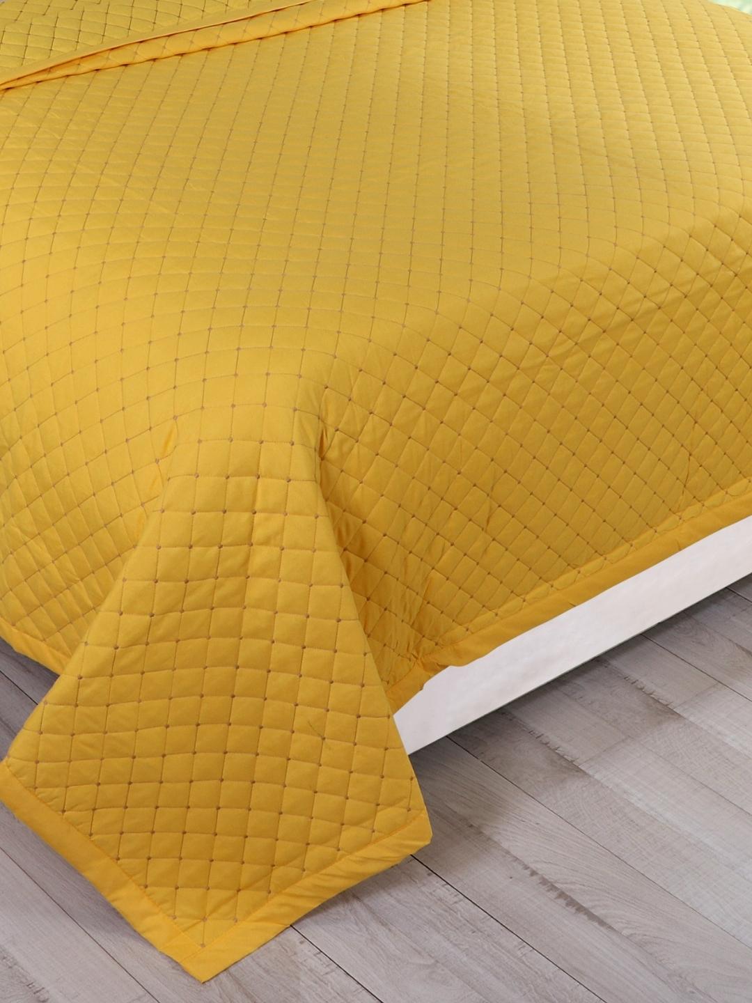 Double Bed Embroidered and Quilted Bedcover Set-Mustard Yellow