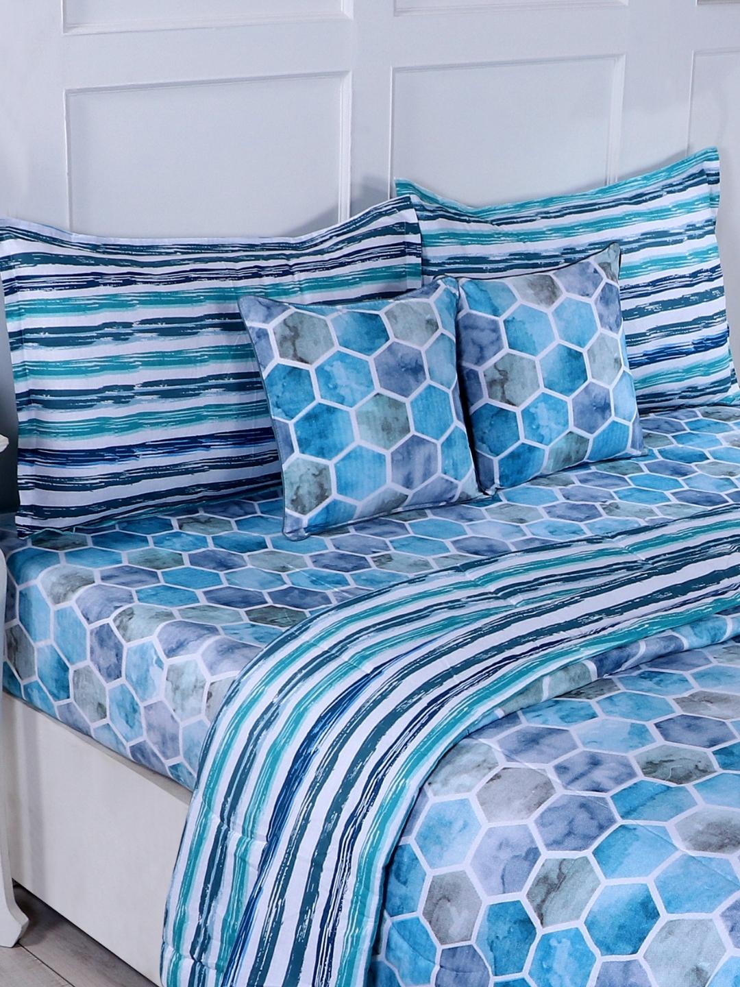 Cotton 6 Pcs Double Bed Bedding Set-Blue and Grey-Turquoise Blue