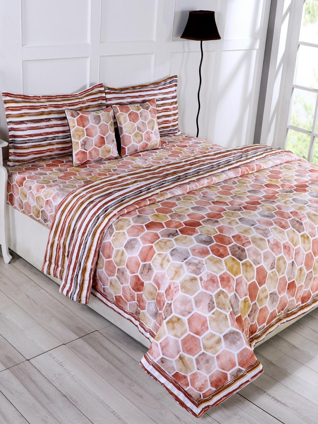 Cotton 6 Pcs Double Bed Bedding Set-Blue and Grey-Copper Brown