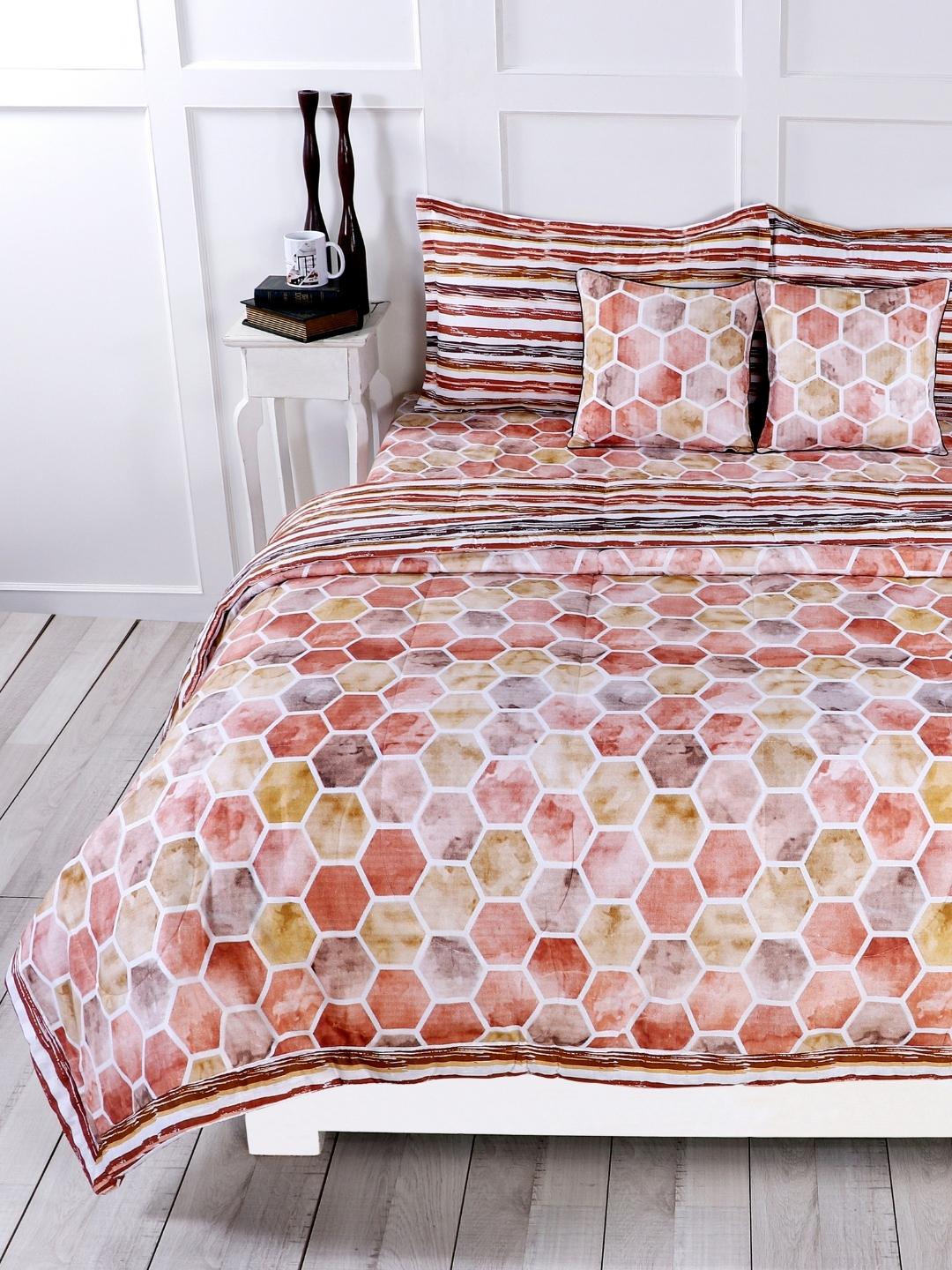 Cotton 6 Pcs Double Bed Bedding Set-Blue and Grey-Copper Brown