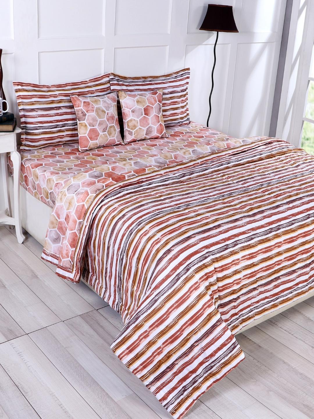 Cotton 6 Pcs Double Bed Bedding Set-Blue and Grey-Copper Brown