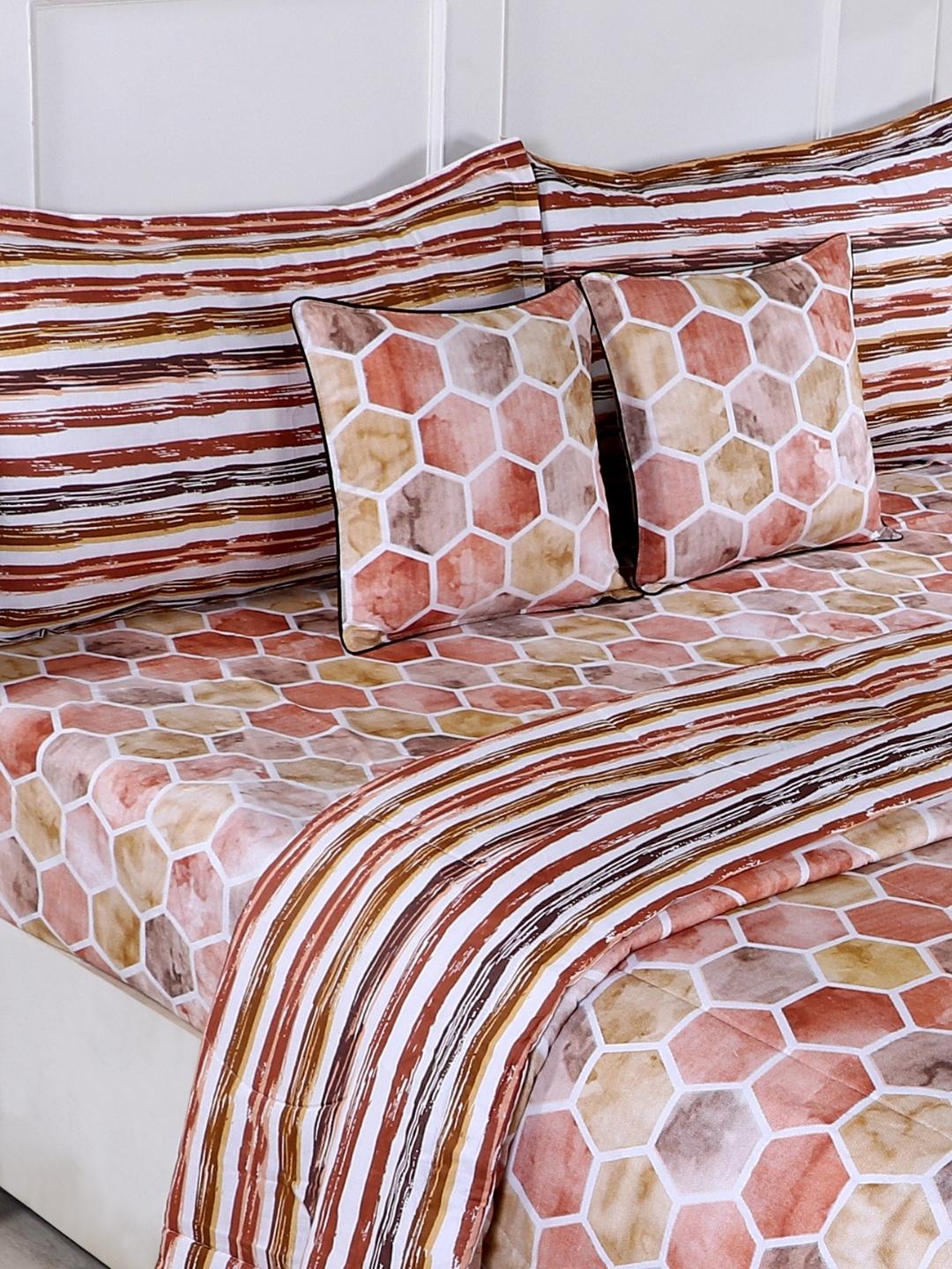 Cotton 6 Pcs Double Bed Bedding Set-Blue and Grey-Copper Brown