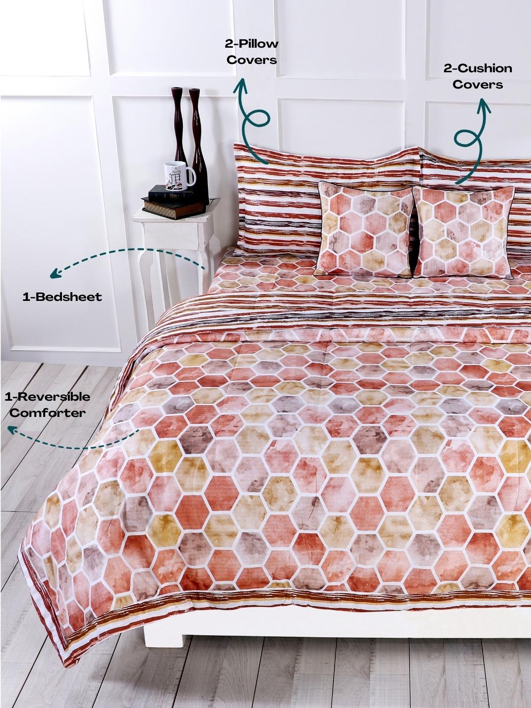 Cotton 6 Pcs Double Bed Bedding Set-Blue and Grey-Copper Brown