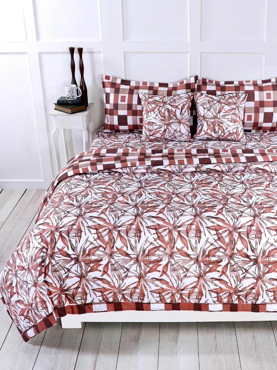 Cotton 6 Pcs Double Bed Bedding Set-Blue and Grey-Floral Brown