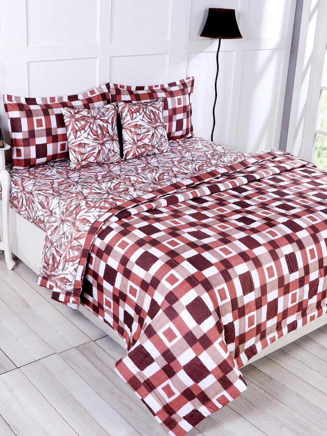 Cotton 6 Pcs Double Bed Bedding Set-Blue and Grey-Floral Brown