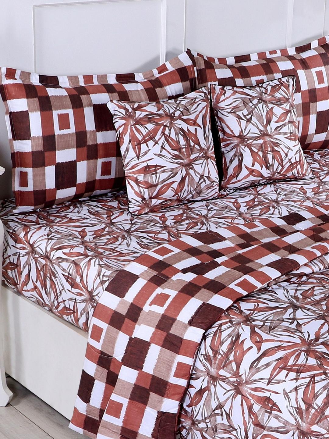 Cotton 6 Pcs Double Bed Bedding Set-Blue and Grey-Floral Brown