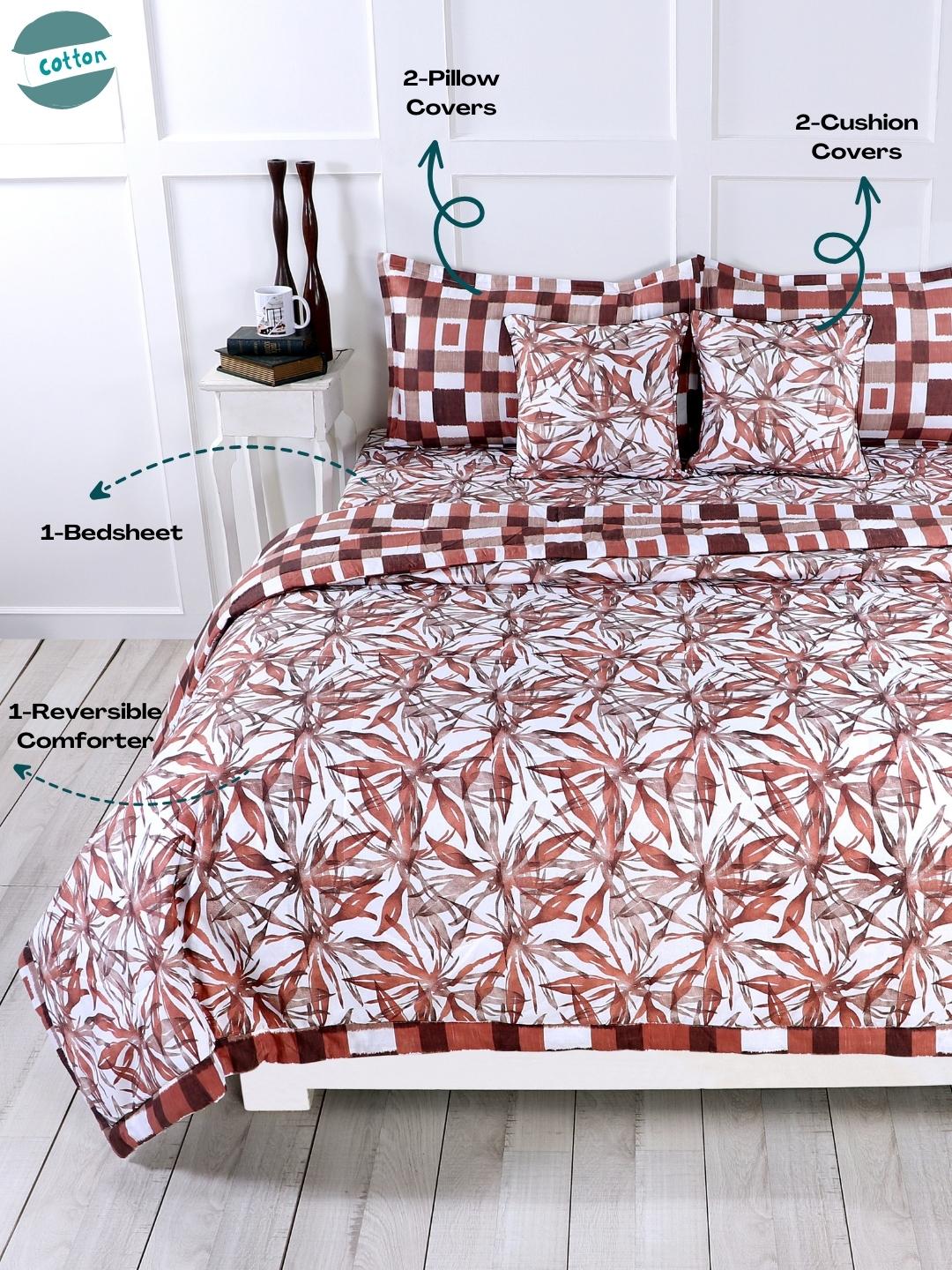 Cotton 6 Pcs Double Bed Bedding Set-Blue and Grey-Floral Brown