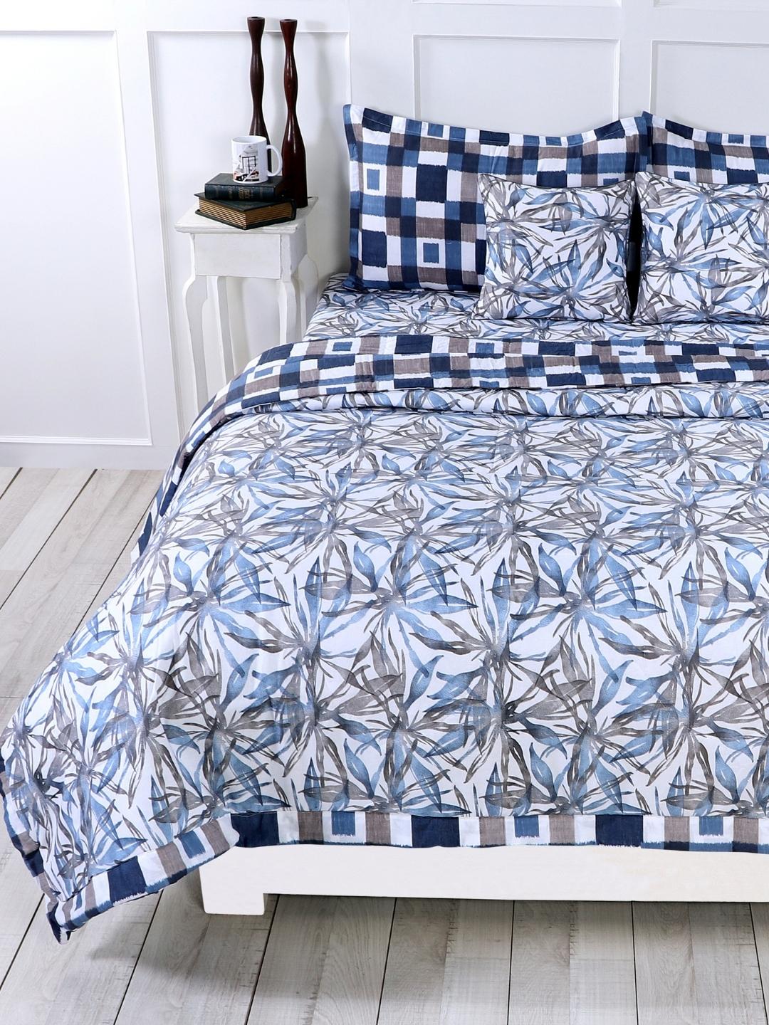 Cotton 6 Pcs Double Bed Bedding Set-Blue and Grey-Floral Navy Blue