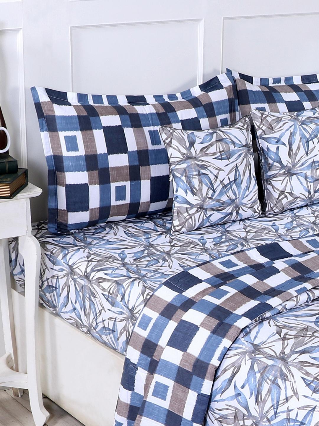 Cotton 6 Pcs Double Bed Bedding Set-Blue and Grey-Floral Navy Blue
