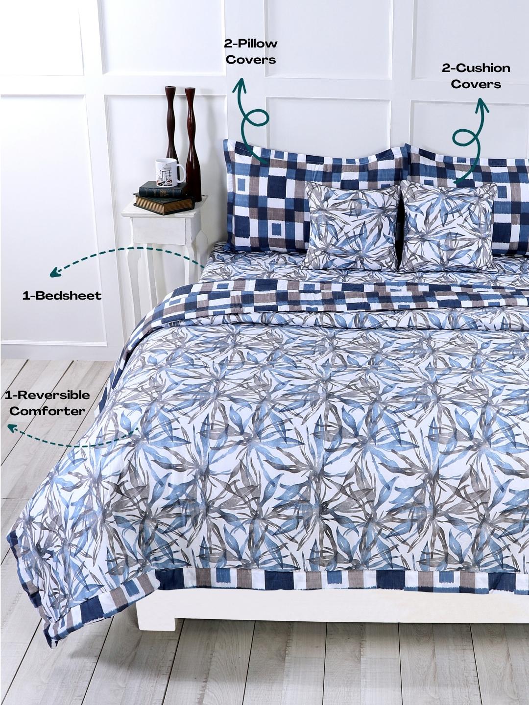 Cotton 6 Pcs Double Bed Bedding Set-Blue and Grey-Floral Navy Blue