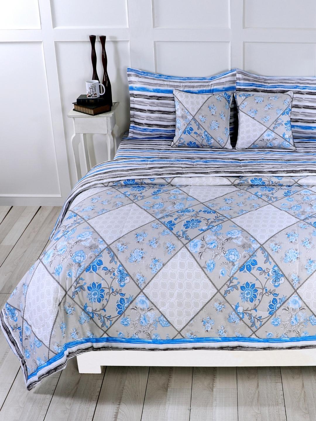 Cotton 6 Pcs Double Bed Bedding Set-Blue and Grey-Blue and Silver
