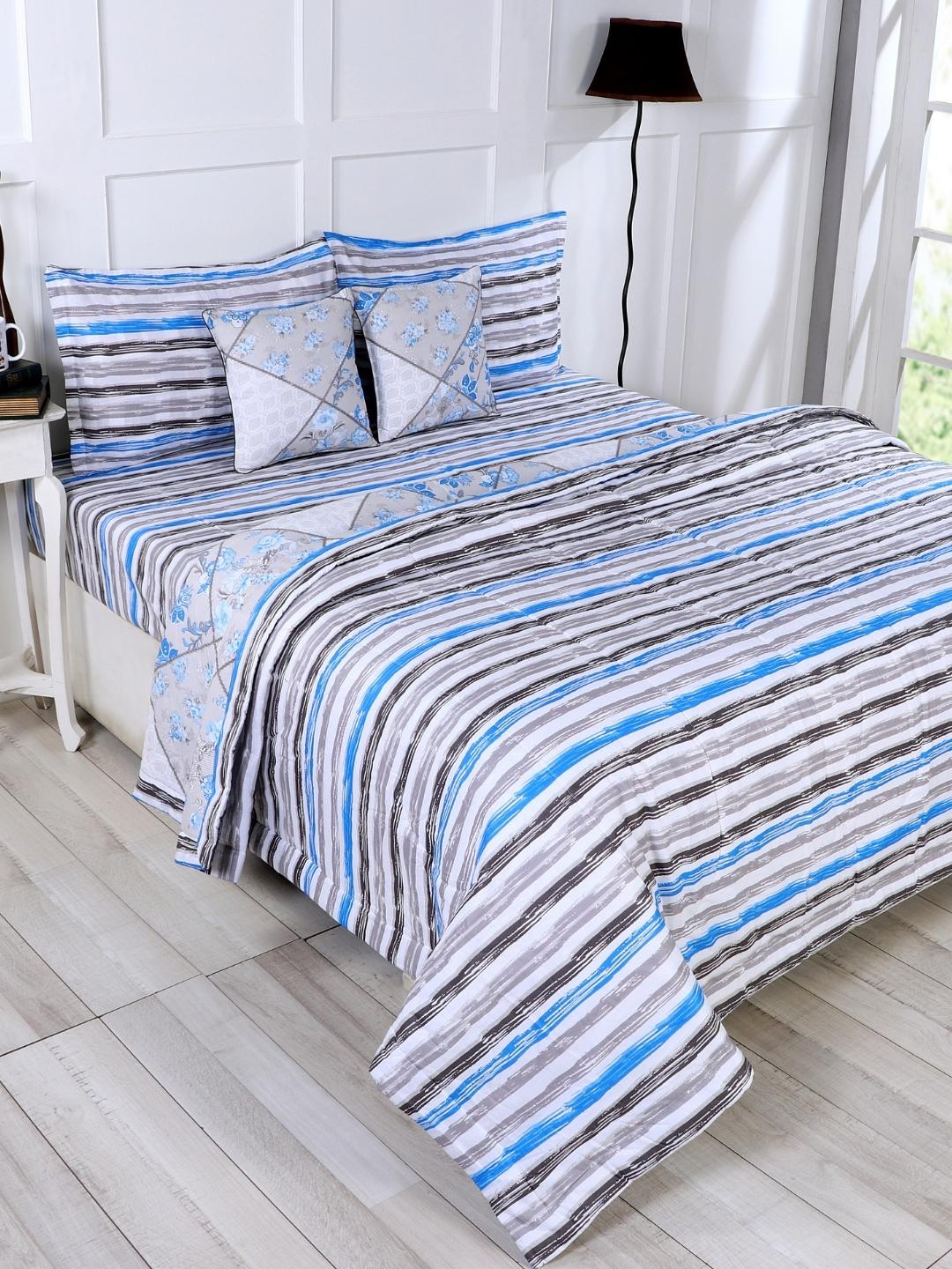 Cotton 6 Pcs Double Bed Bedding Set-Blue and Grey-Blue and Silver