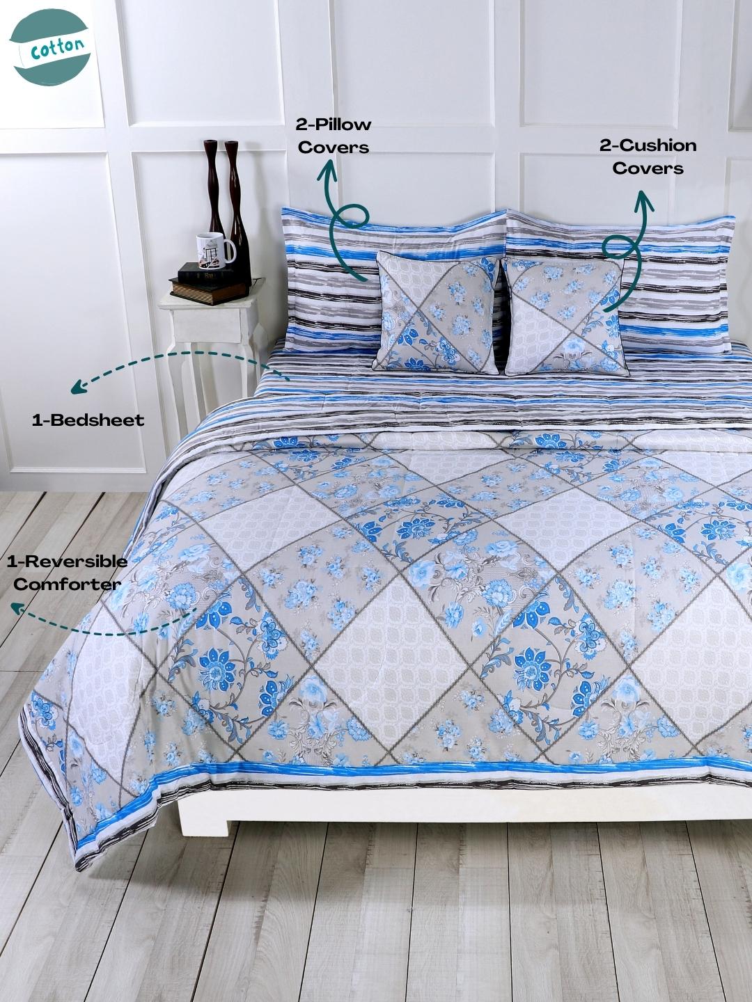Cotton 6 Pcs Double Bed Bedding Set-Blue and Grey-Blue and Silver