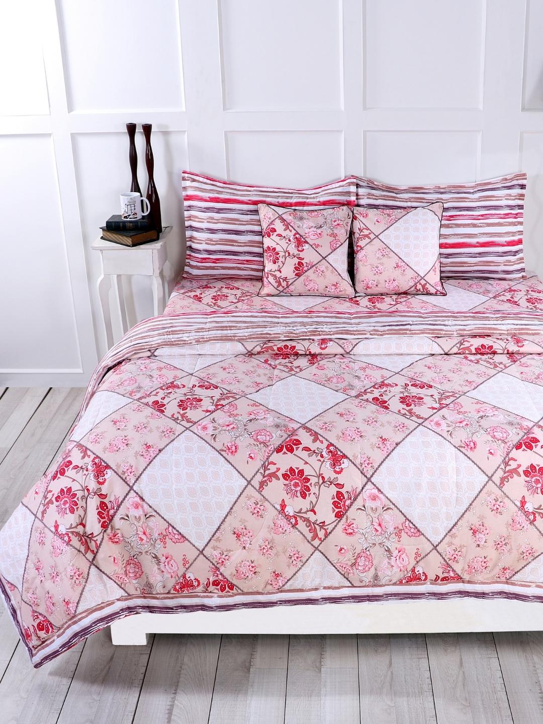 Cotton 6 Pcs Double Bed Bedding Set-Blue and Grey-Red and Cream