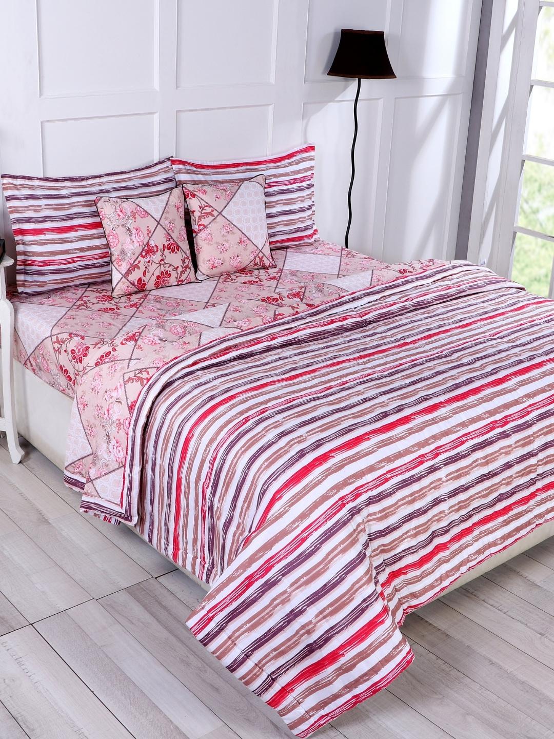 Cotton 6 Pcs Double Bed Bedding Set-Blue and Grey-Red and Cream