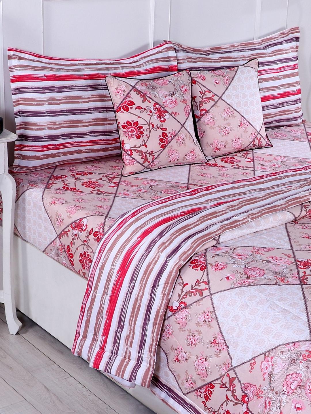 Cotton 6 Pcs Double Bed Bedding Set-Blue and Grey-Red and Cream