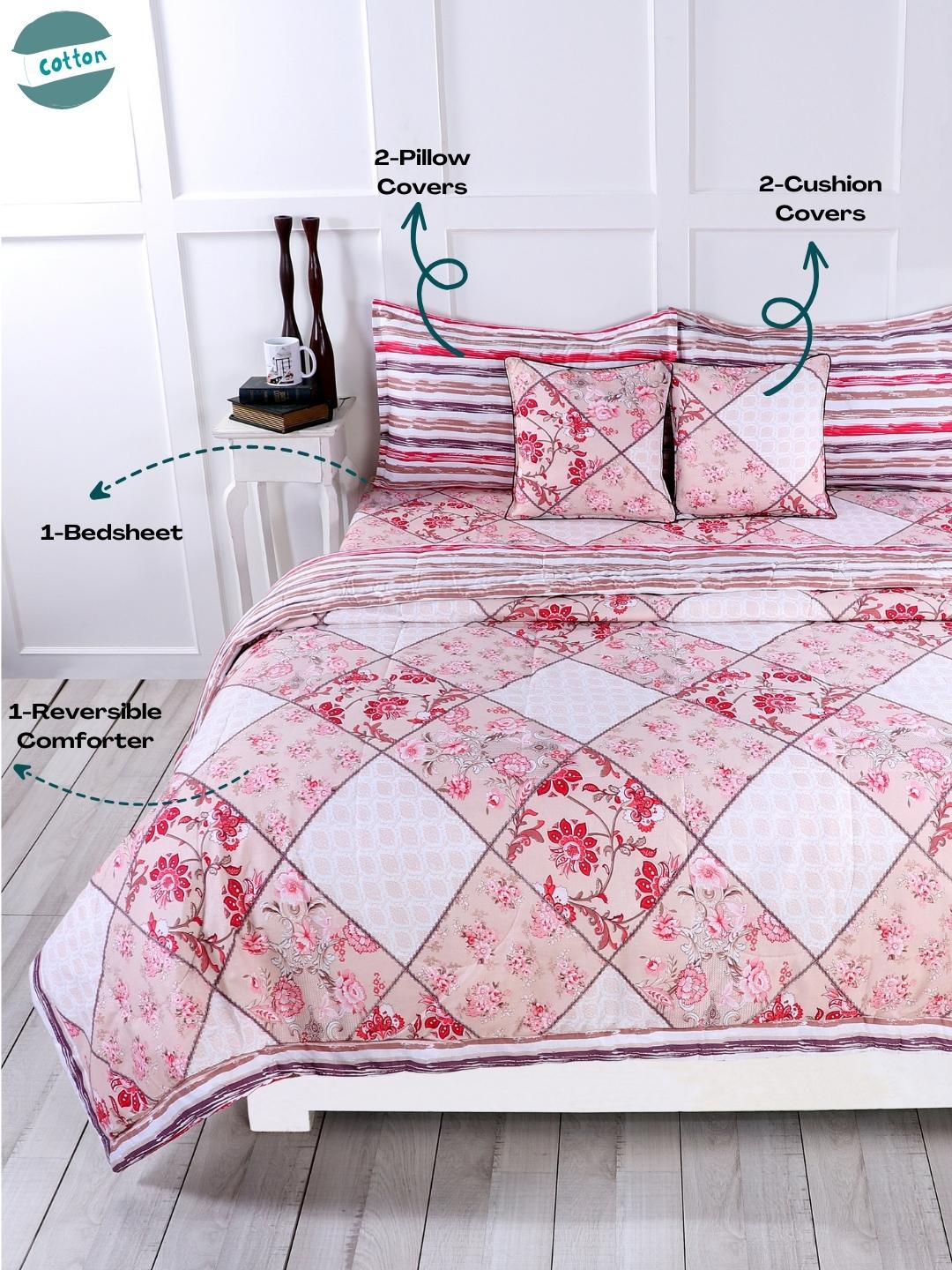 Cotton 6 Pcs Double Bed Bedding Set-Blue and Grey-Red and Cream