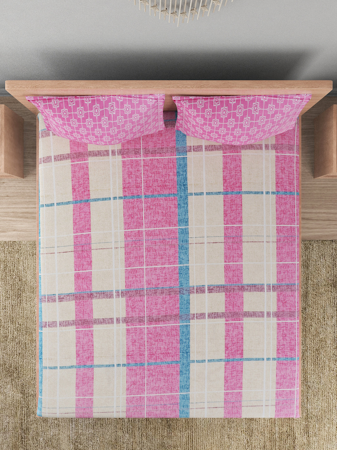 144 TC Cotton Double Bed Bedsheet With 2 Pillow Covers-Pink Checks