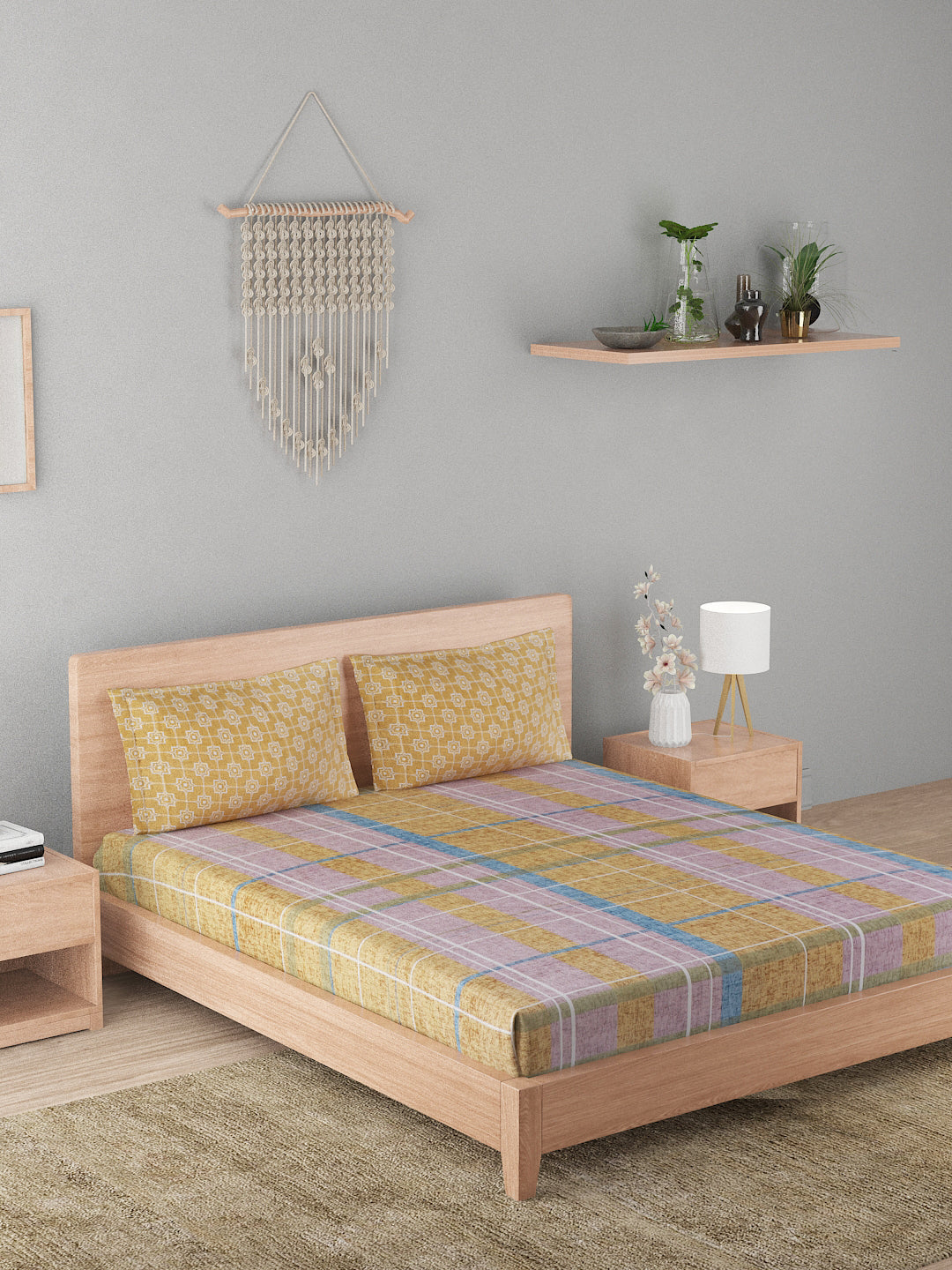 144 TC Cotton Double Bed Bedsheet With 2 Pillow Covers-Lavender Checks