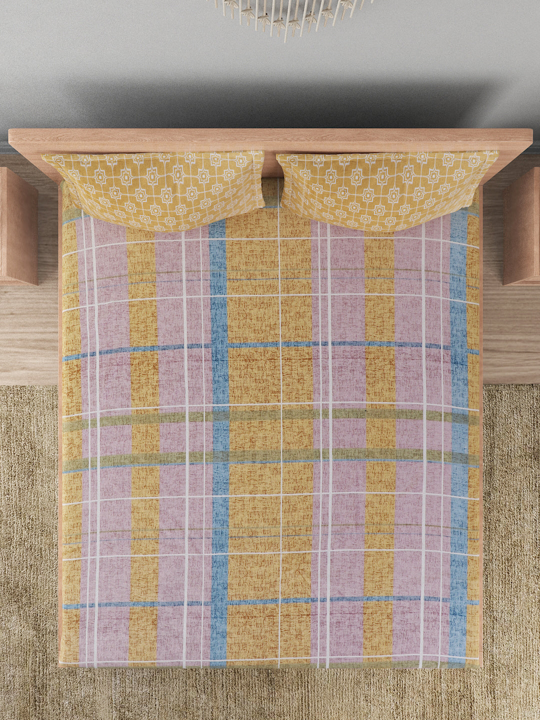 144 TC Cotton Double Bed Bedsheet With 2 Pillow Covers-Lavender Checks