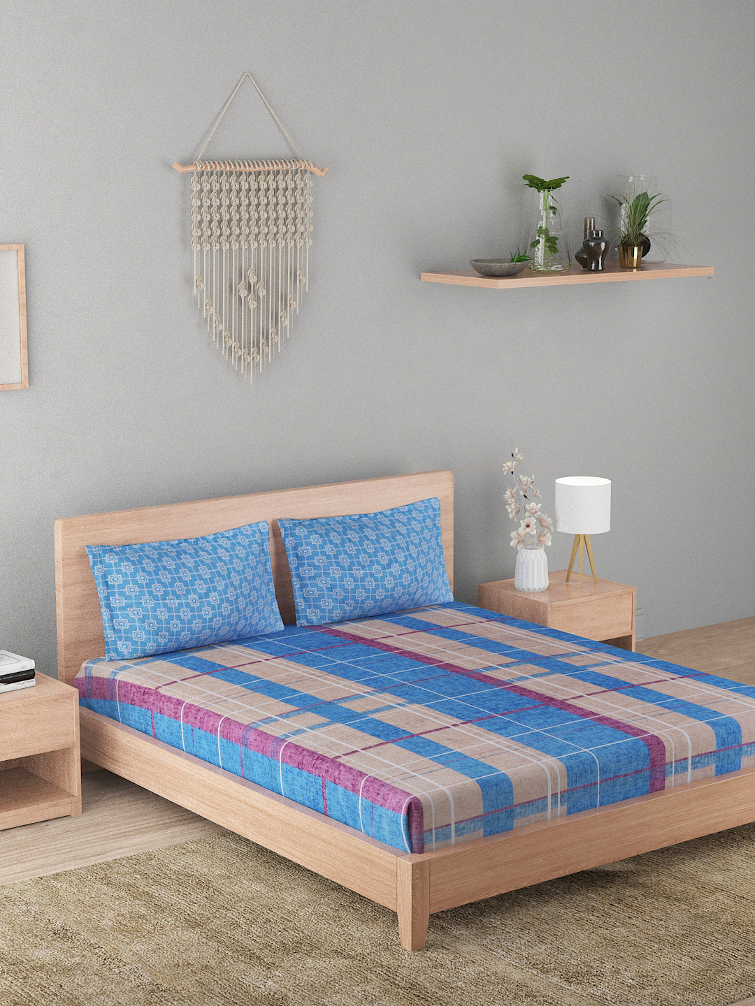 144 TC Cotton Double Bed Bedsheet With 2 Pillow Covers-Blue Checks