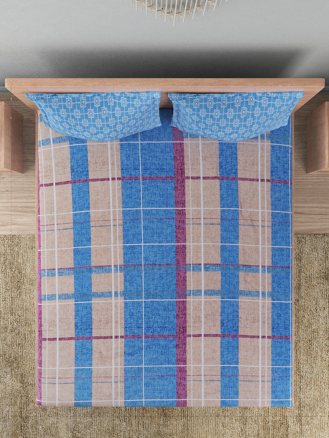 144 TC Cotton Double Bed Bedsheet With 2 Pillow Covers-Blue Checks