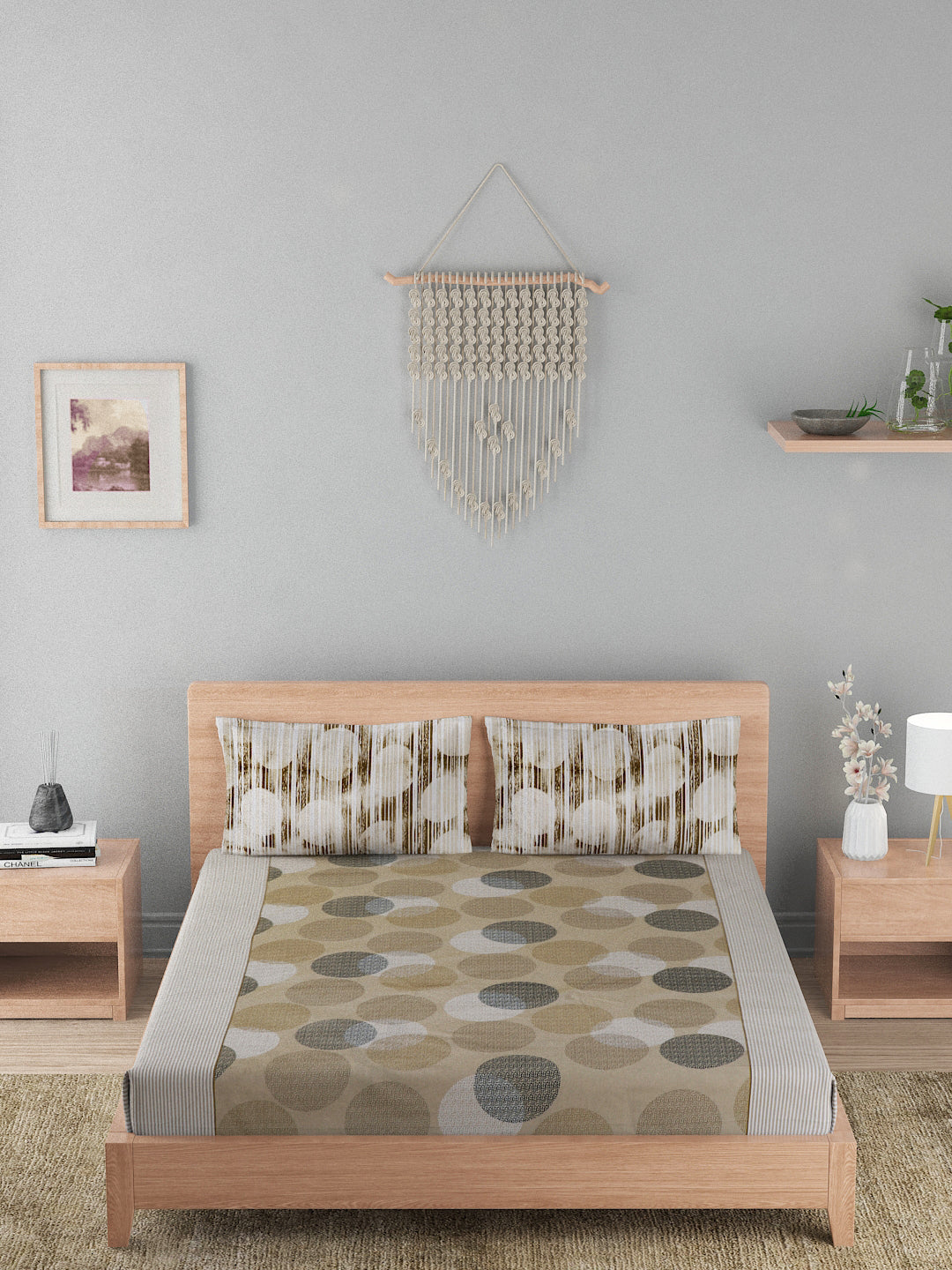 144 TC Cotton Double Bed Bedsheet With 2 Pillow Covers-Taupe