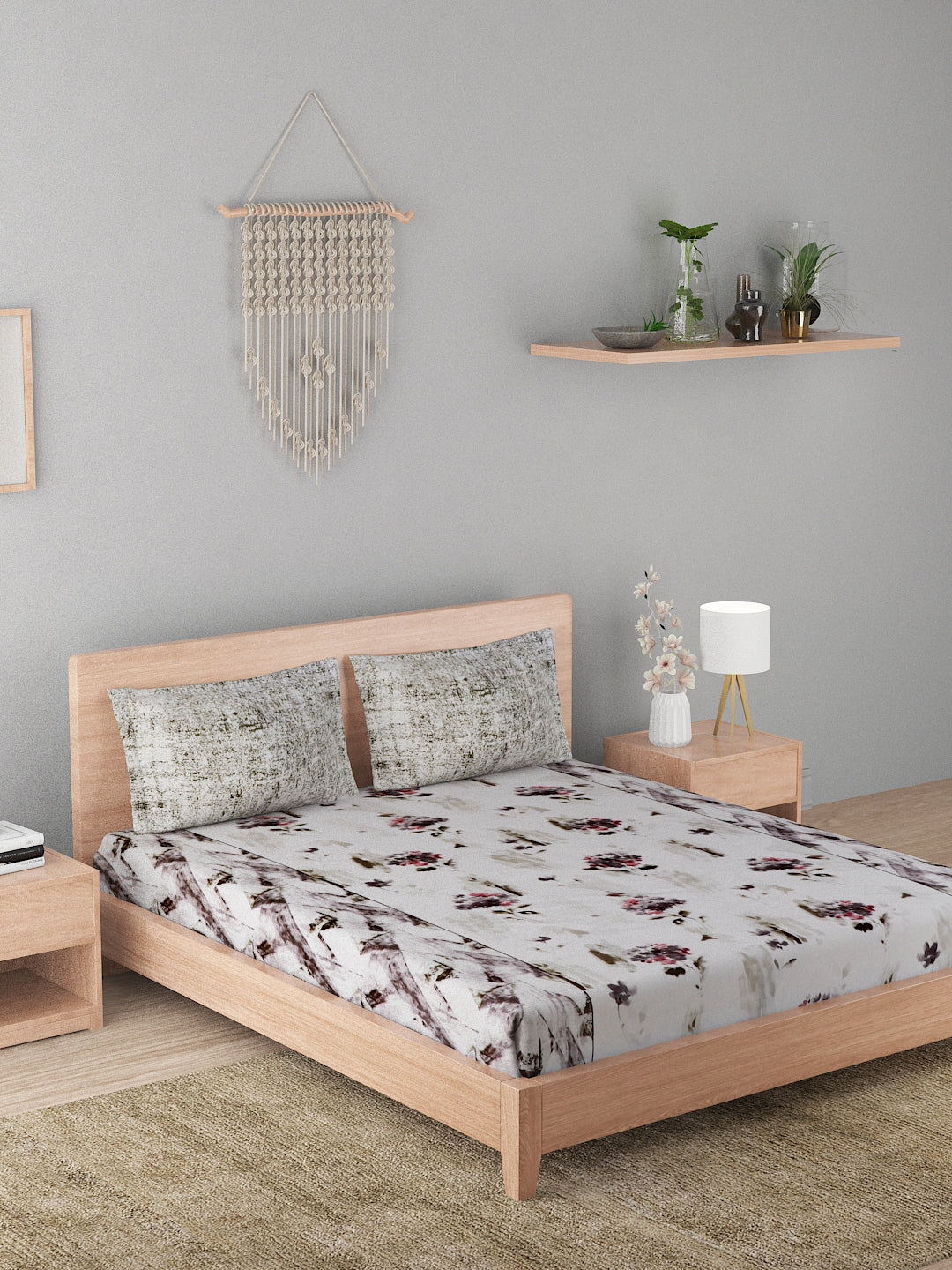 144 TC Cotton Double Bed Bedsheet With 2 Pillow Covers-Brown and White