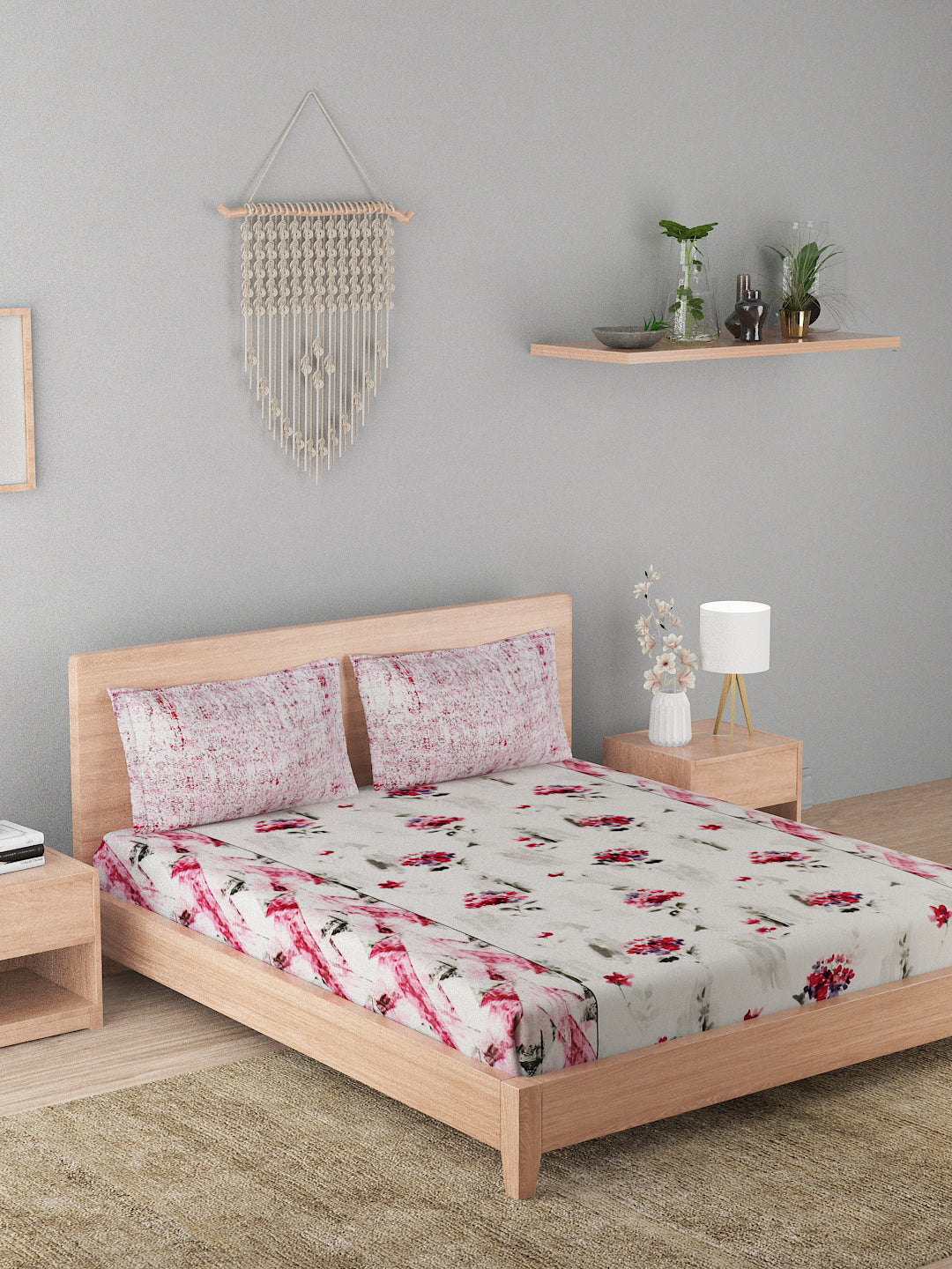 144 TC Cotton Double Bed Bedsheet With 2 Pillow Covers-Fuchsia Pink
