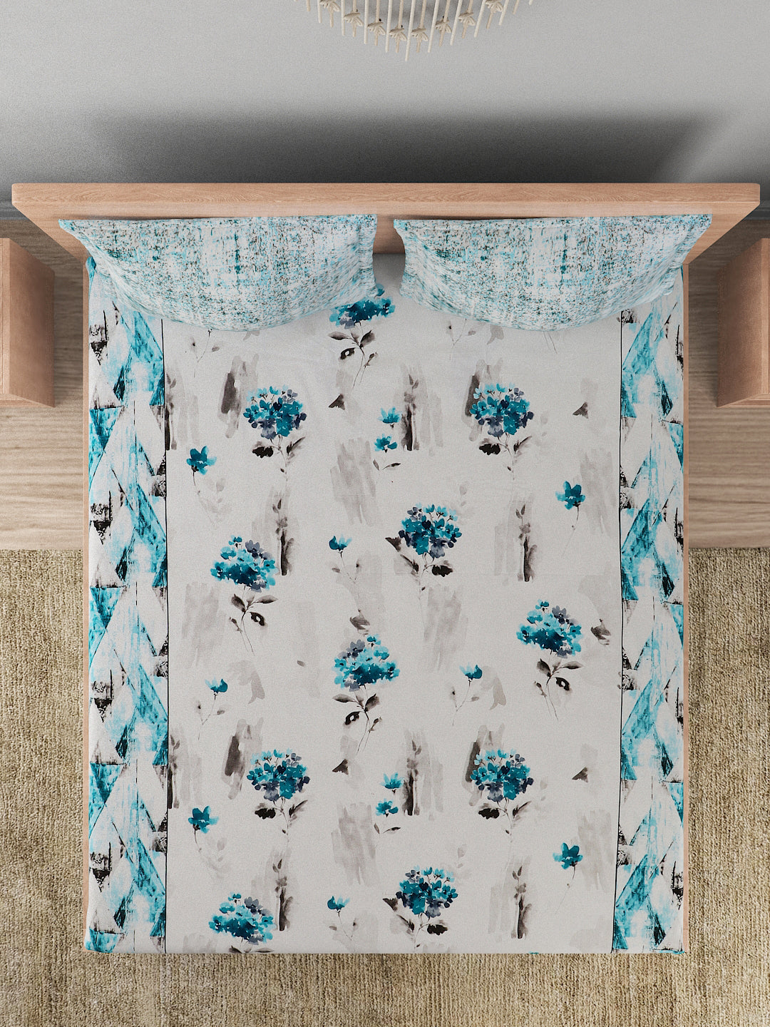 144 TC Cotton Double Bed Bedsheet With 2 Pillow Covers-Aqua Blue