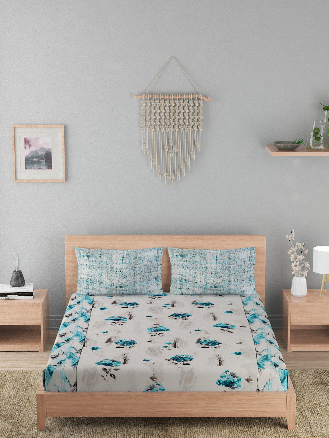 144 TC Cotton Double Bed Bedsheet With 2 Pillow Covers-Aqua Blue