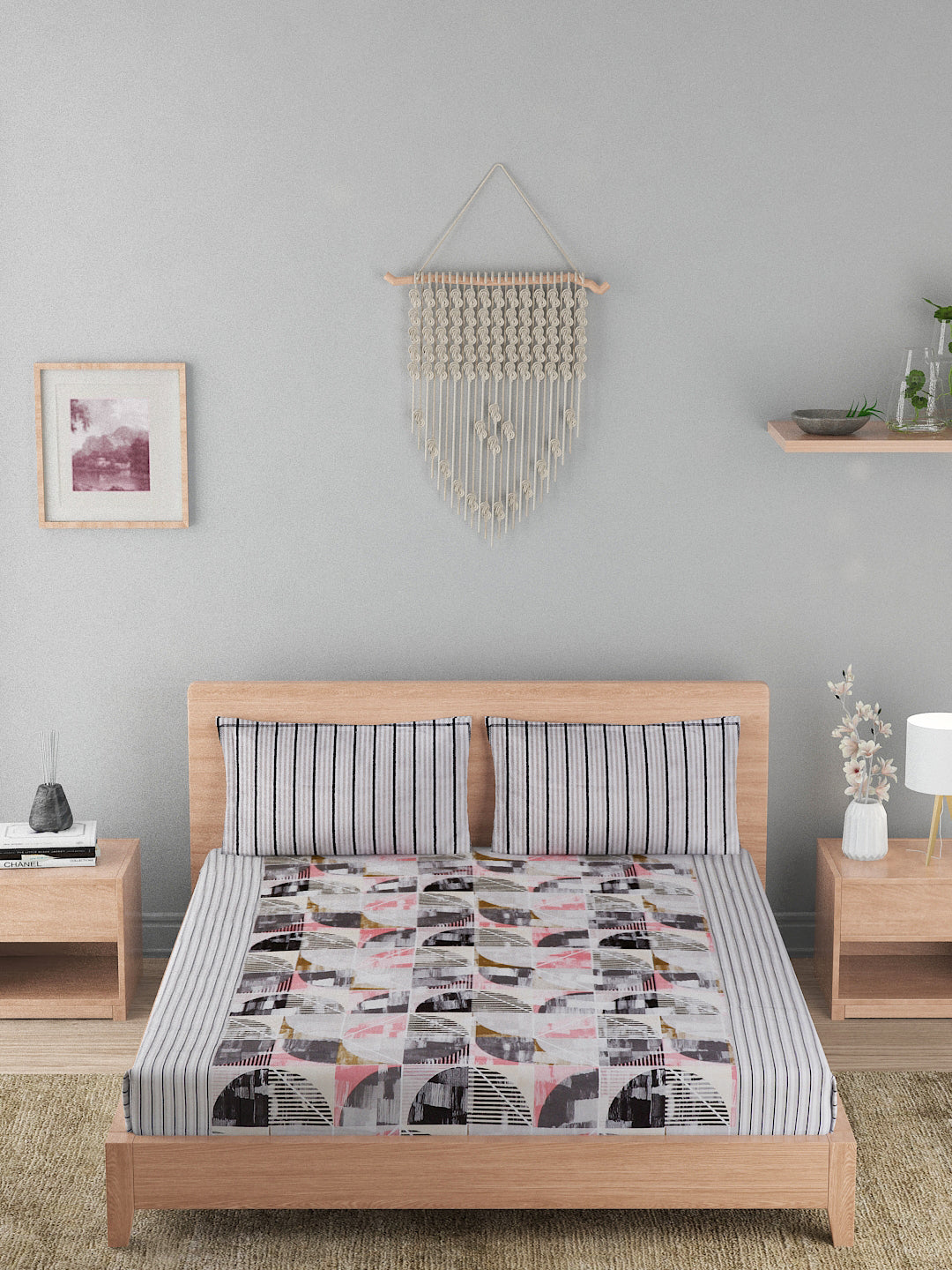 144 TC Cotton Double Bed Bedsheet With 2 Pillow Covers-Dark Brown and Taupe