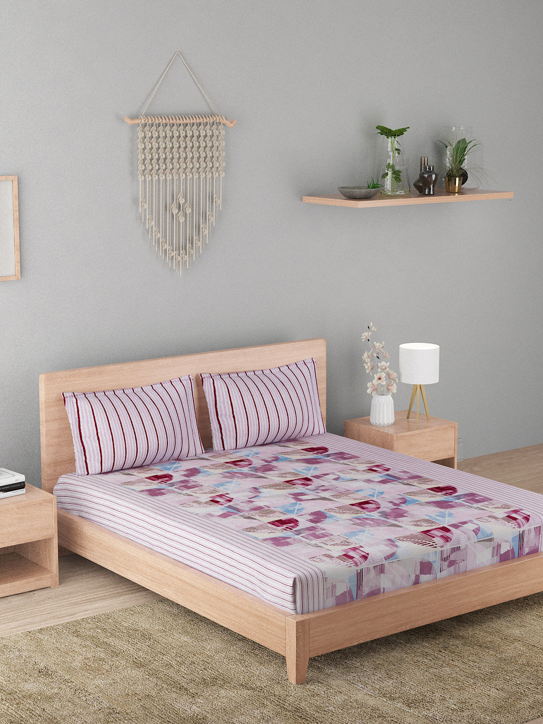 144 TC Cotton Double Bed Bedsheet With 2 Pillow Covers-Pink