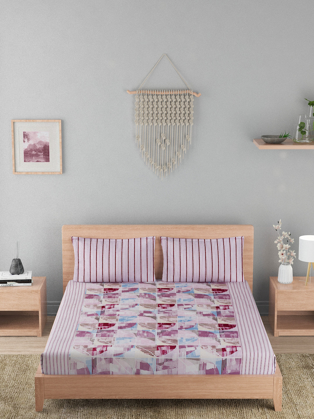 144 TC Cotton Double Bed Bedsheet With 2 Pillow Covers-Pink
