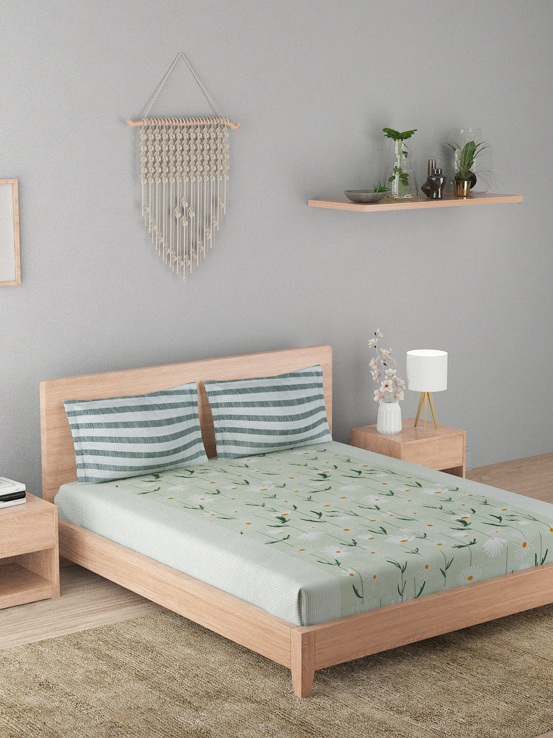 144 TC Cotton Double Bed Bedsheet With 2 Pillow Covers-Pastel Green
