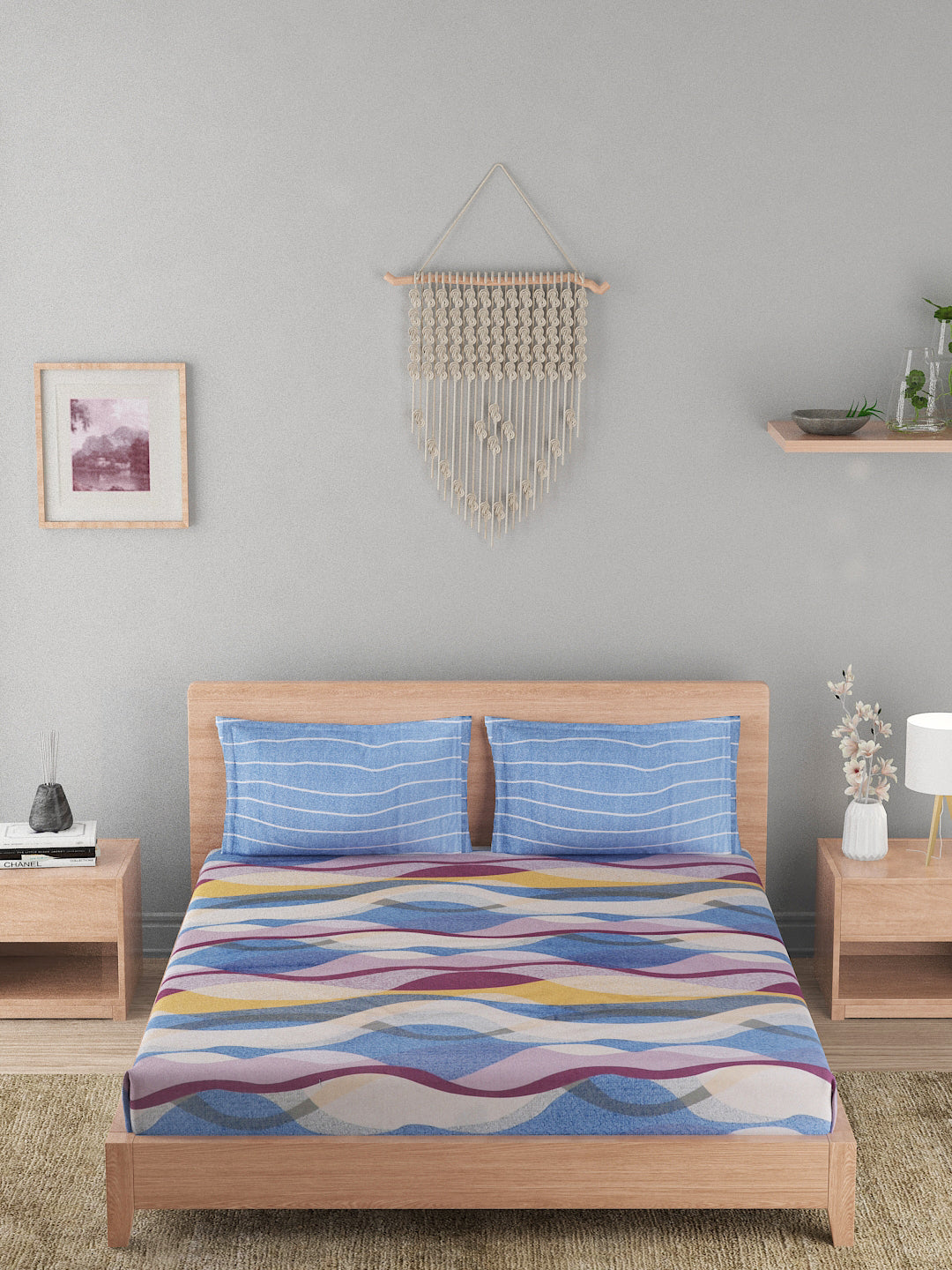 144 TC Cotton Double Bed Bedsheet With 2 Pillow Covers-Multicolor Blue
