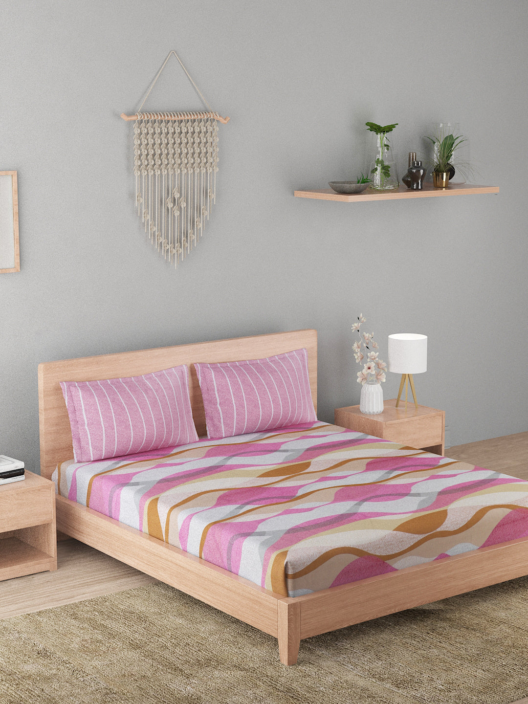 144 TC Cotton Double Bed Bedsheet With 2 Pillow Covers-Multicolor Pink