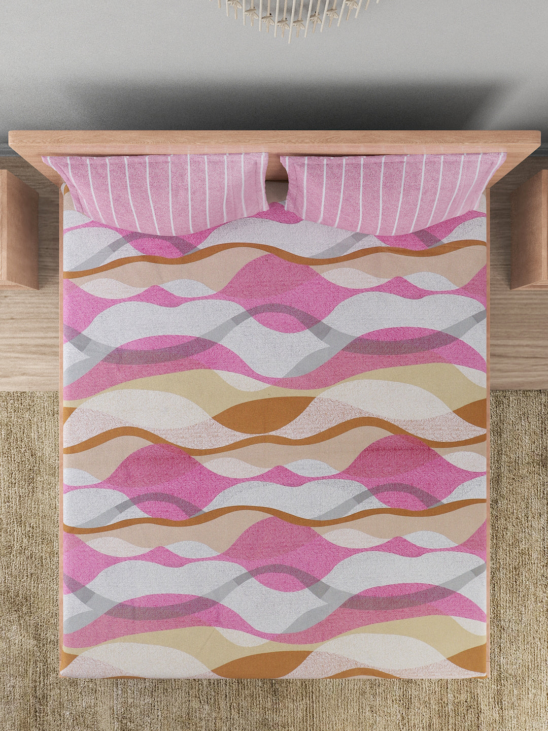 144 TC Cotton Double Bed Bedsheet With 2 Pillow Covers-Multicolor Pink