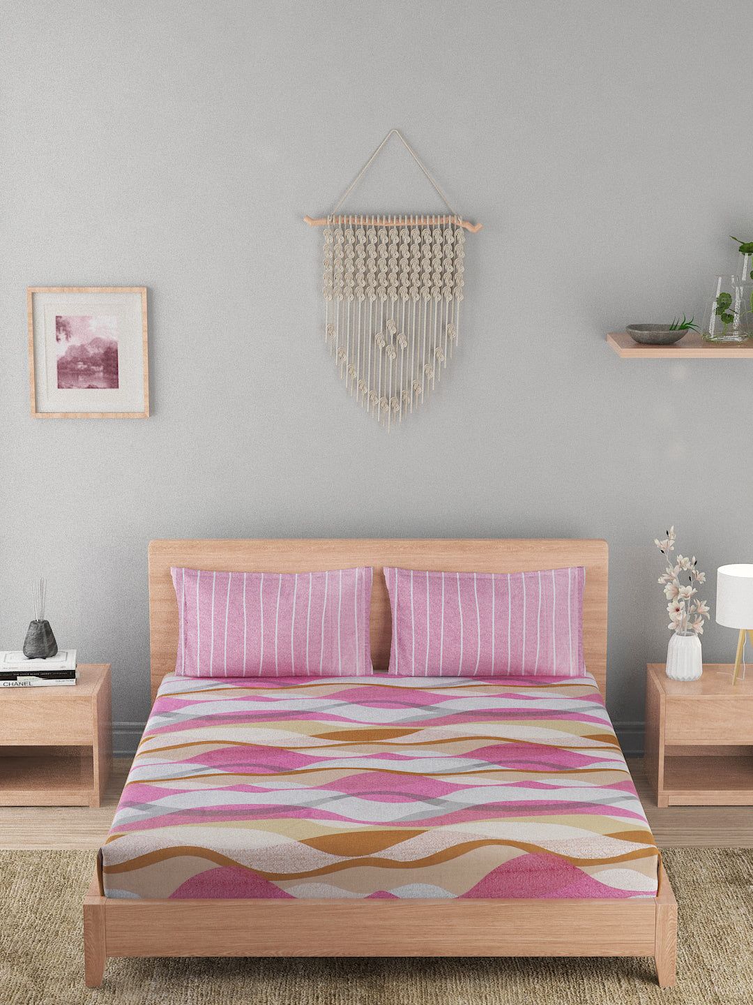 144 TC Cotton Double Bed Bedsheet With 2 Pillow Covers-Multicolor Pink