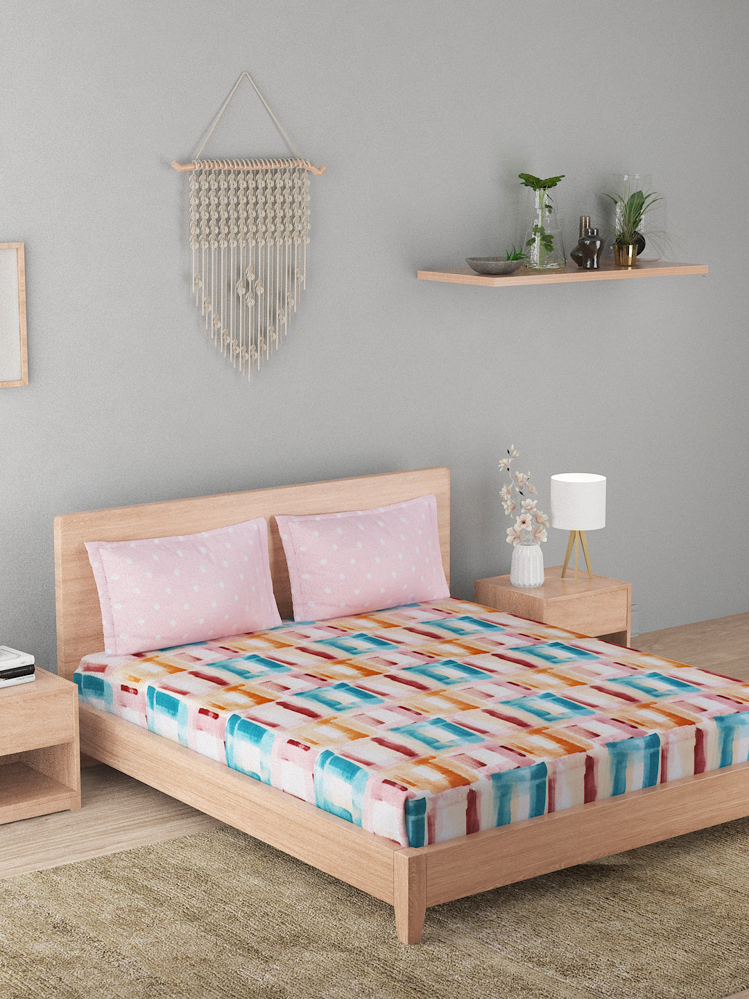 144 TC Cotton Double Bed Bedsheet With 2 Pillow Covers- Multicolor & Pink
