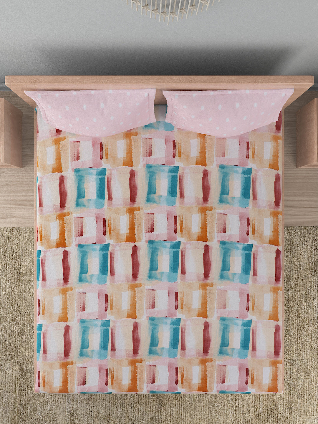 144 TC Cotton Double Bed Bedsheet With 2 Pillow Covers- Multicolor & Pink