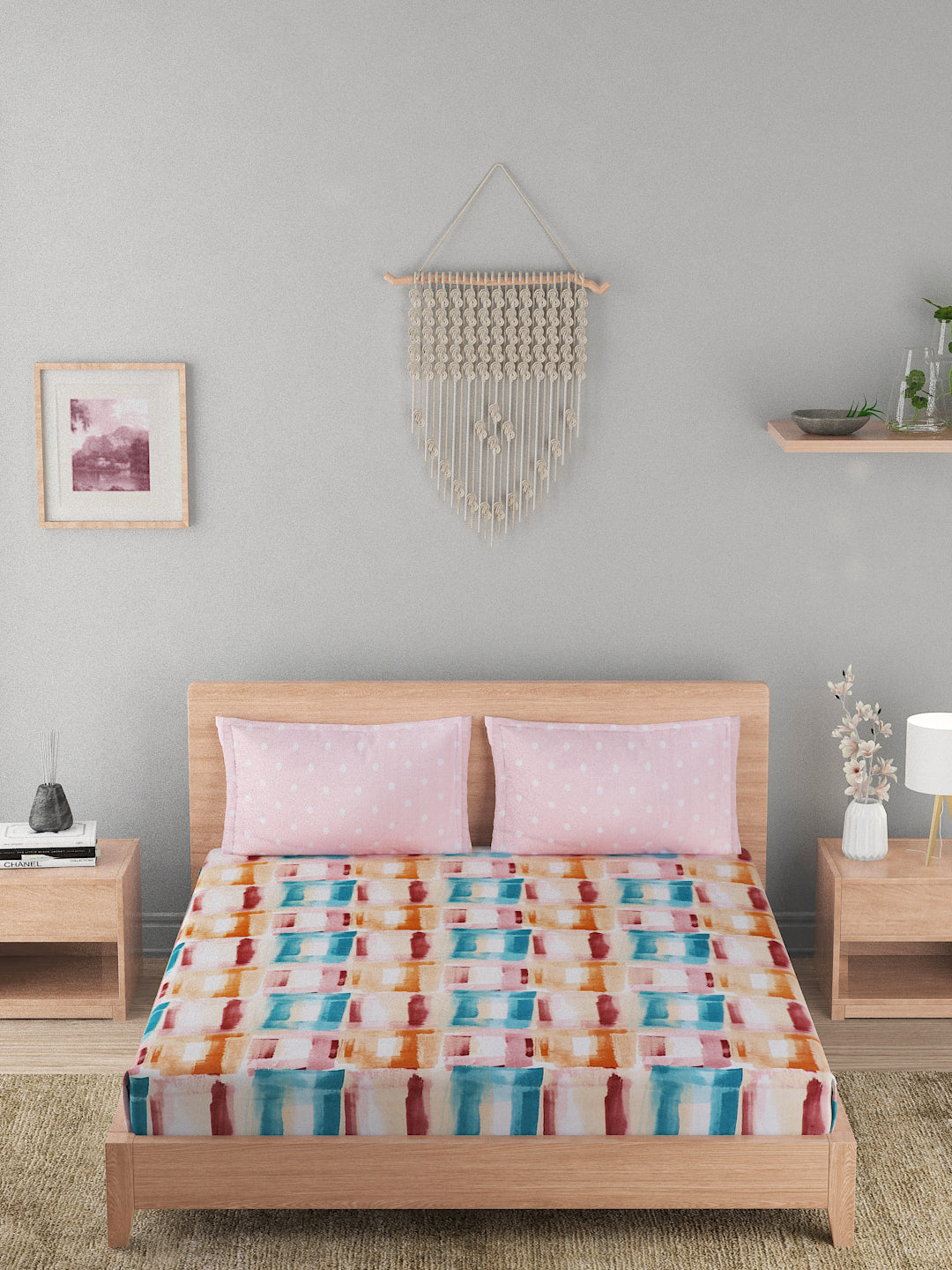 144 TC Cotton Double Bed Bedsheet With 2 Pillow Covers- Multicolor & Pink