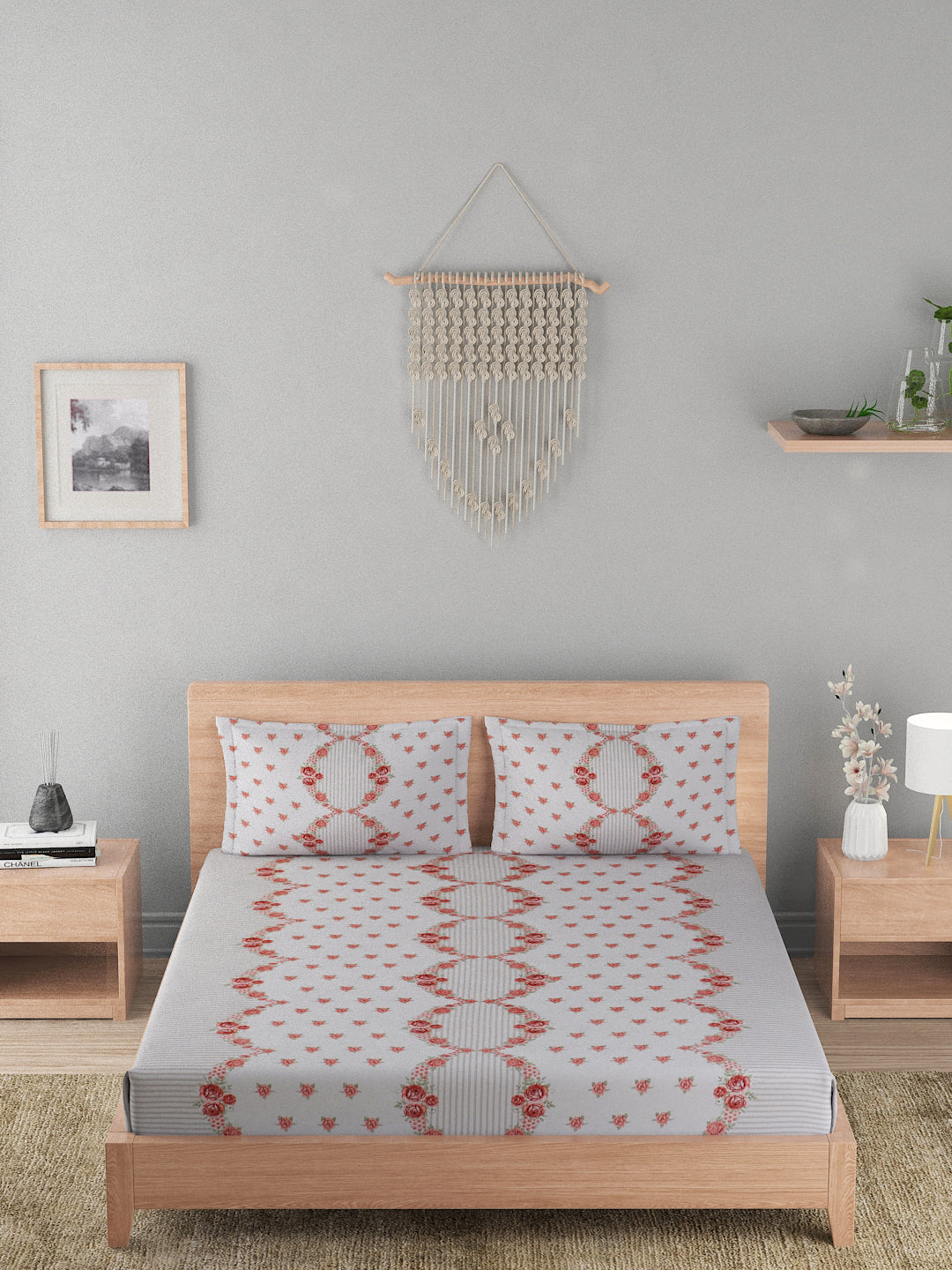 180 TC Double Bed Cotton Bedsheet with 2 Pillow Covers-Multicolor Grey