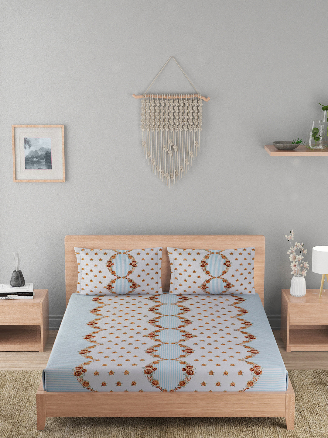 180 TC Double Bed Cotton Bedsheet with 2 Pillow Covers-Multicolor Blue