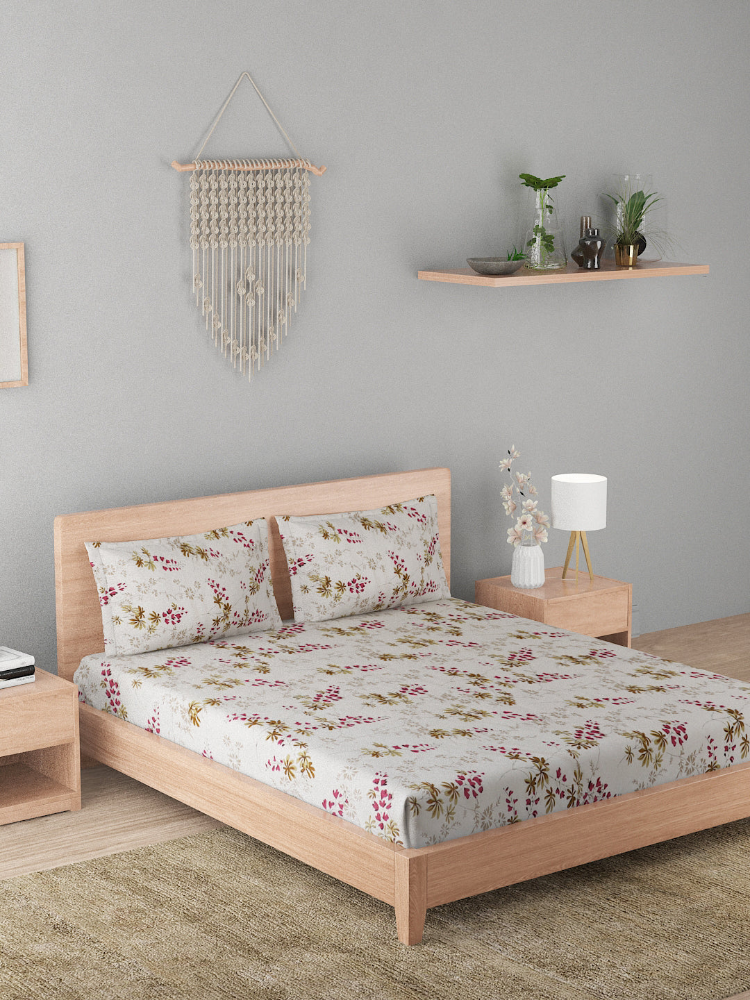 180 TC Double Bed Cotton Bedsheet with 2 Pillow Covers-White,Olive