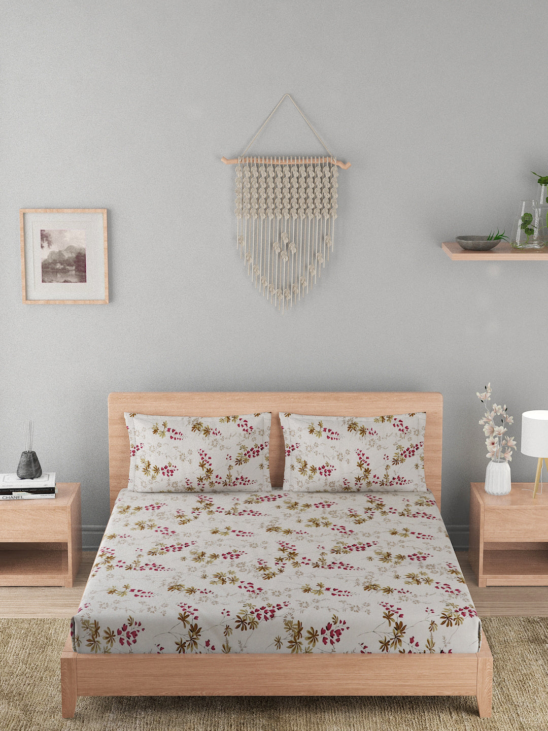 180 TC Double Bed Cotton Bedsheet with 2 Pillow Covers-White,Olive