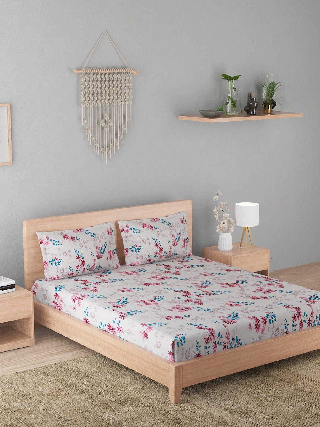 180 TC Double Bed Cotton Bedsheet with 2 Pillow Covers-White,Pink