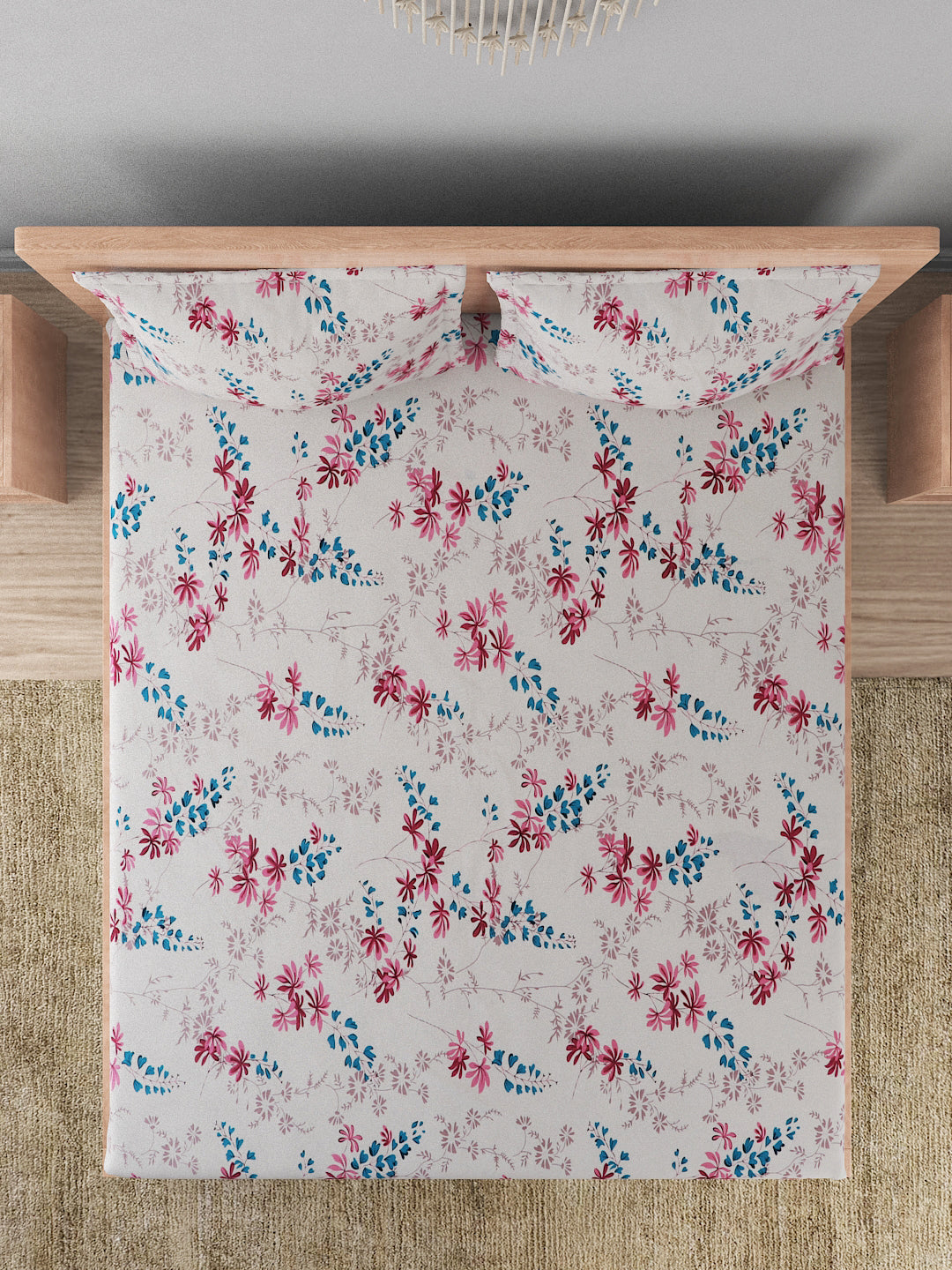 180 TC Double Bed Cotton Bedsheet with 2 Pillow Covers-White,Pink